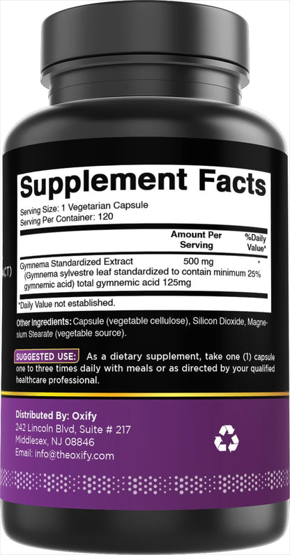 Oxify Super Gymnema 120 count capsules container highlighting manufacturing standards