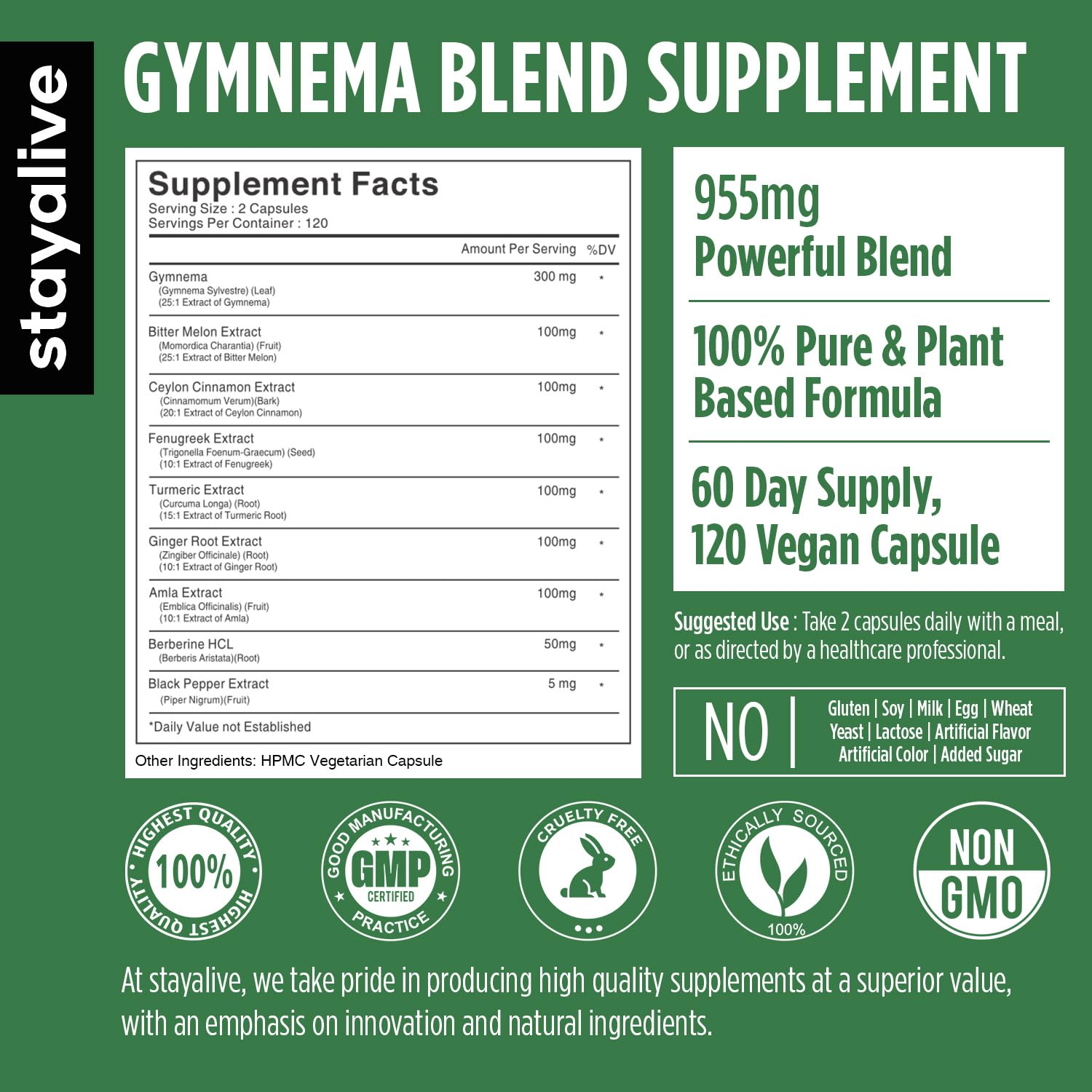 STAY ALIVE Gymnema Sylvestre capsules with Ceylon Cinnamon and Bitter Melon ingredients label side
