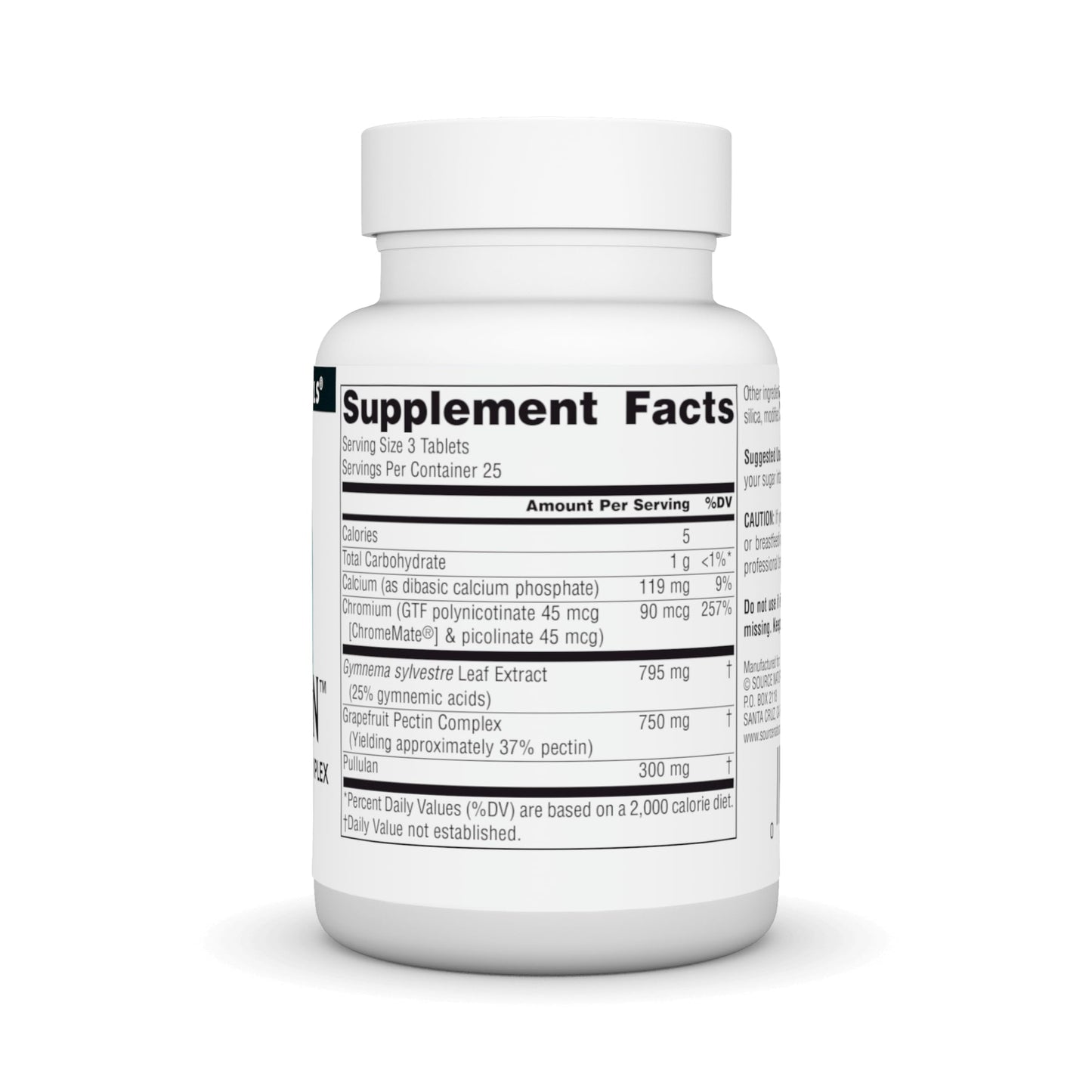 Source Naturals Sugar Ban dietary supplement bottle showing ingredient facts and standardized gymnemic acids percentage