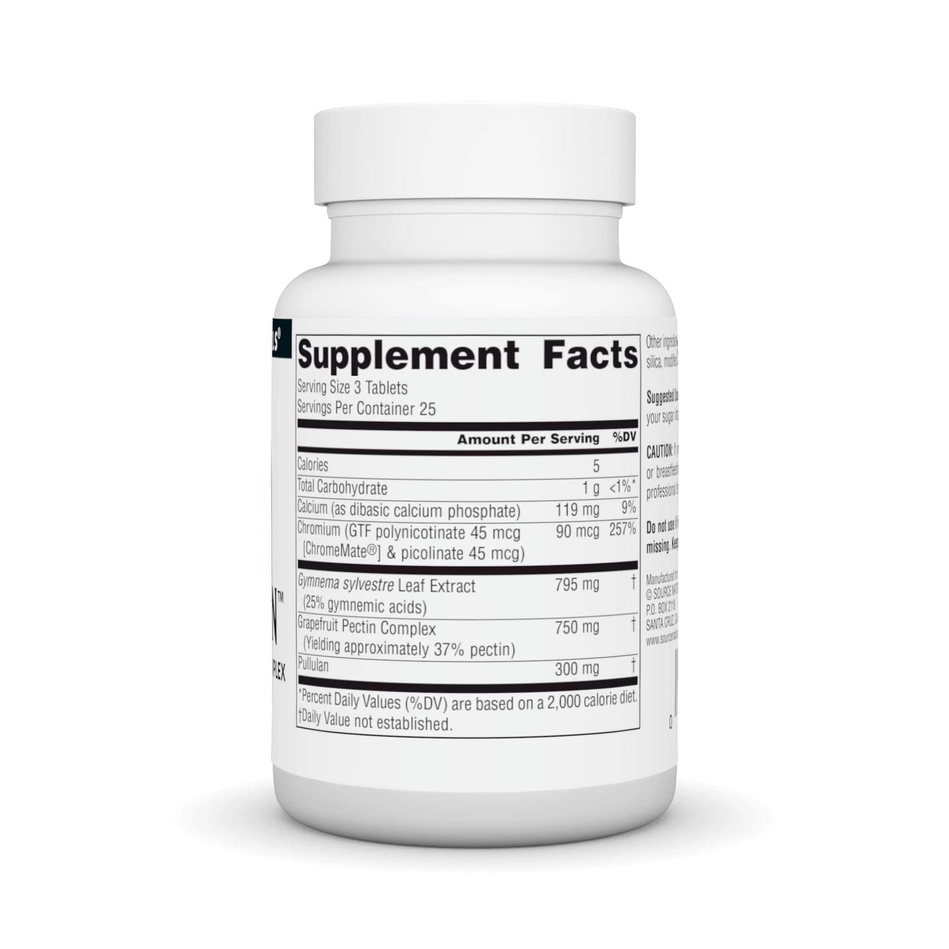 Source Naturals Sugar Ban dietary supplement bottle showing ingredient facts and standardized gymnemic acids percentage
