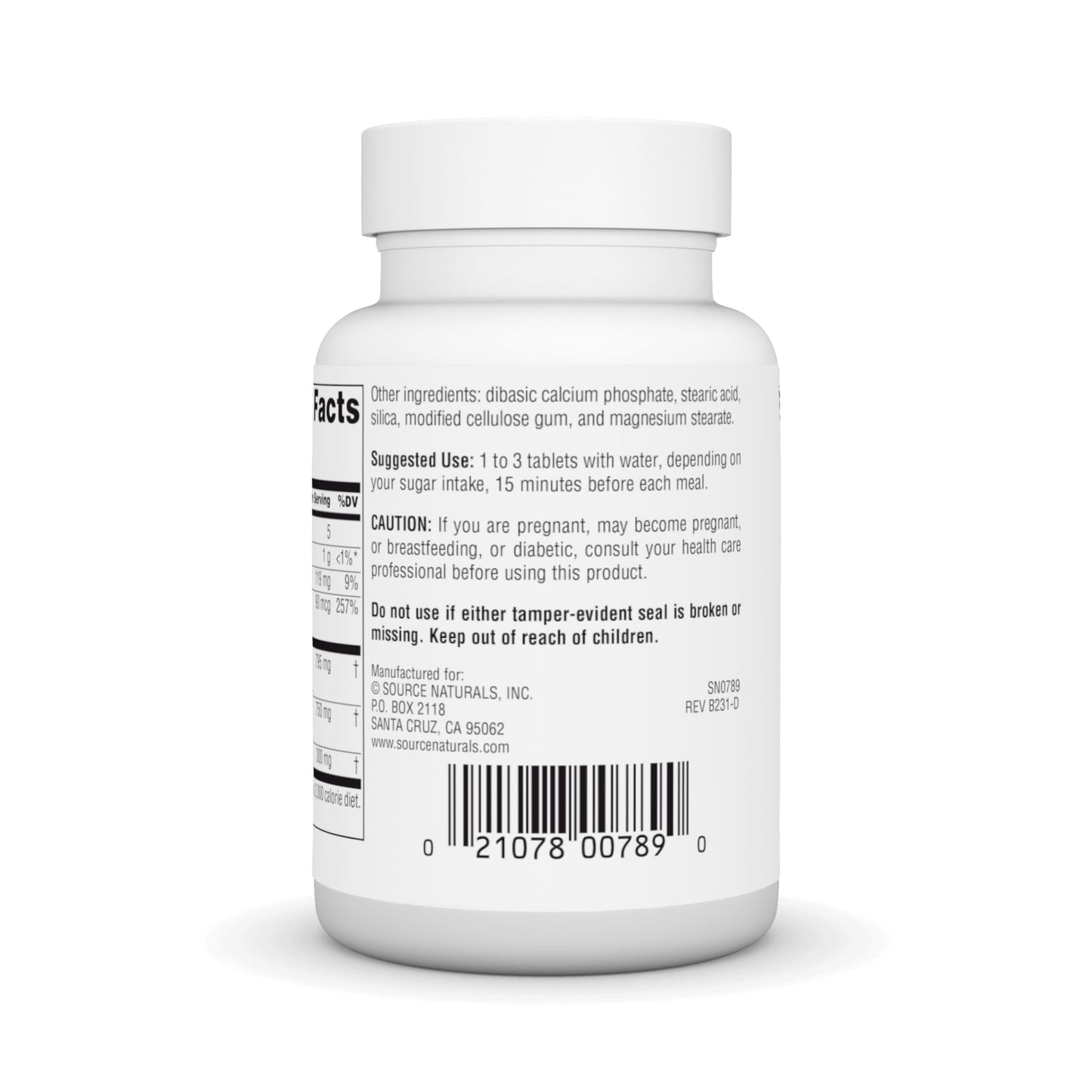 Side view of Source Naturals Sugar Ban 75 tablets highlighting metabolic wellness benefits and chromium inclusion