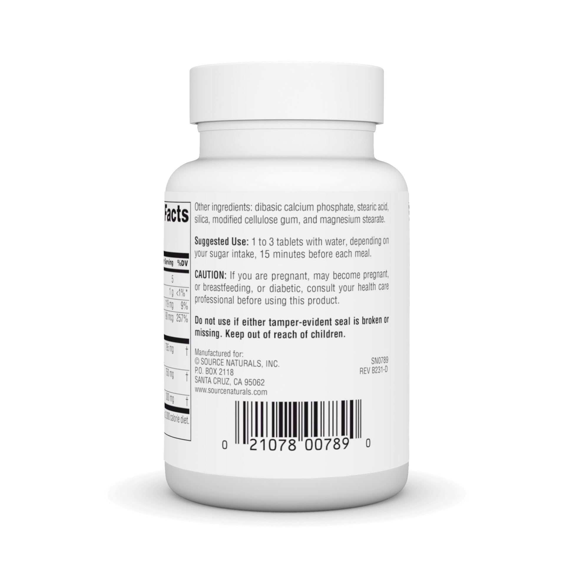Side view of Source Naturals Sugar Ban 75 tablets highlighting metabolic wellness benefits and chromium inclusion