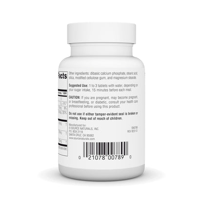 Side view of Source Naturals Sugar Ban 75 tablets highlighting metabolic wellness benefits and chromium inclusion