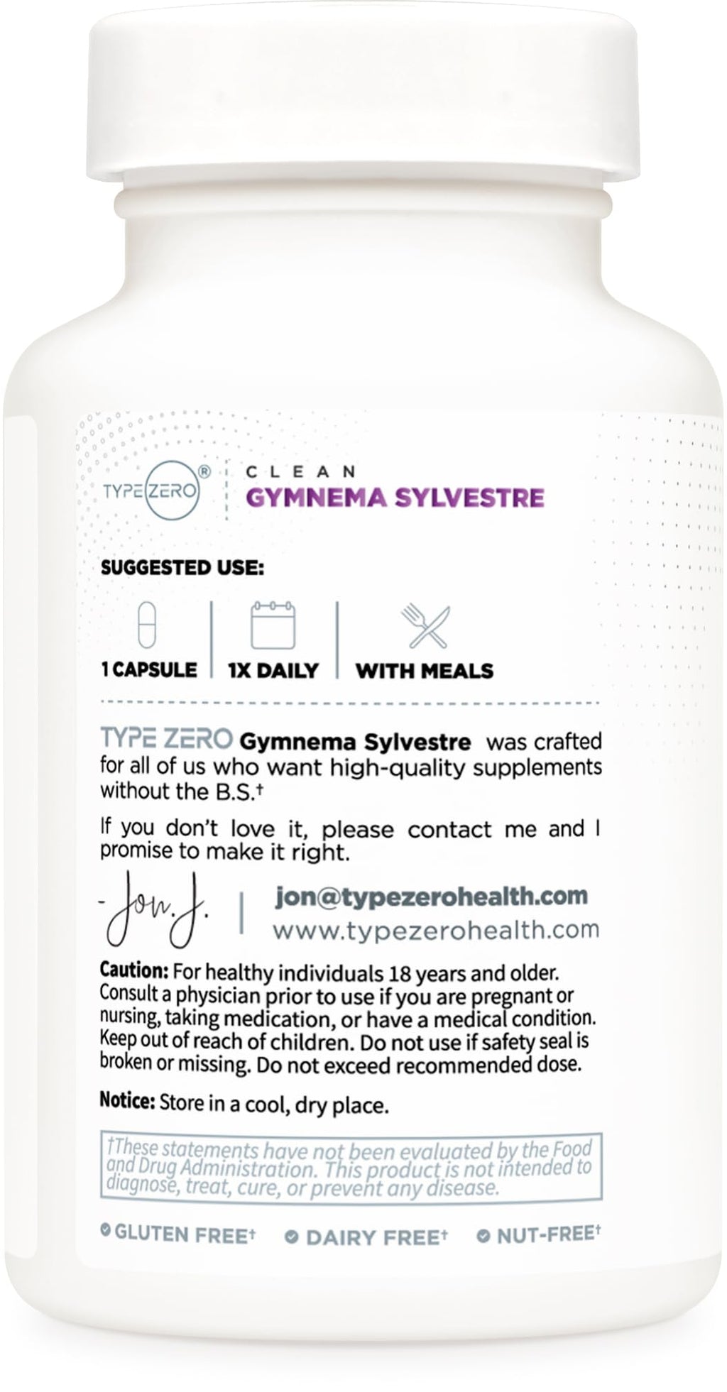 Side profile of Type Zero Gymnema Sylvestre extract bottle emphasizing the third party tested and gluten free certifications.
