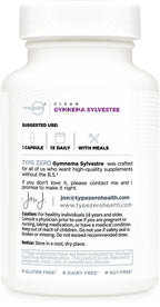 Side profile of Type Zero Gymnema Sylvestre extract bottle emphasizing the third party tested and gluten free certifications.