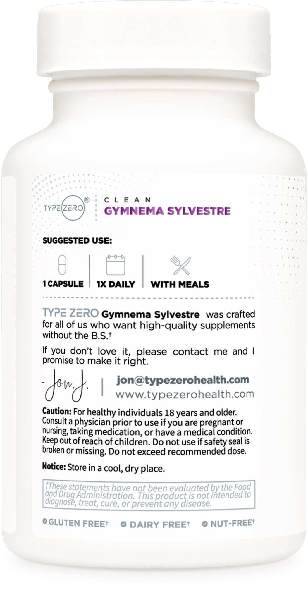 Side profile of Type Zero Gymnema Sylvestre extract bottle emphasizing the third party tested and gluten free certifications.