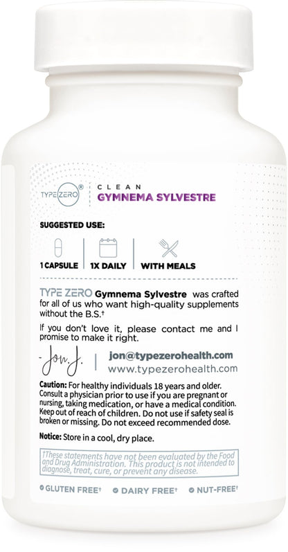 Side profile of Type Zero Gymnema Sylvestre extract bottle emphasizing the third party tested and gluten free certifications.