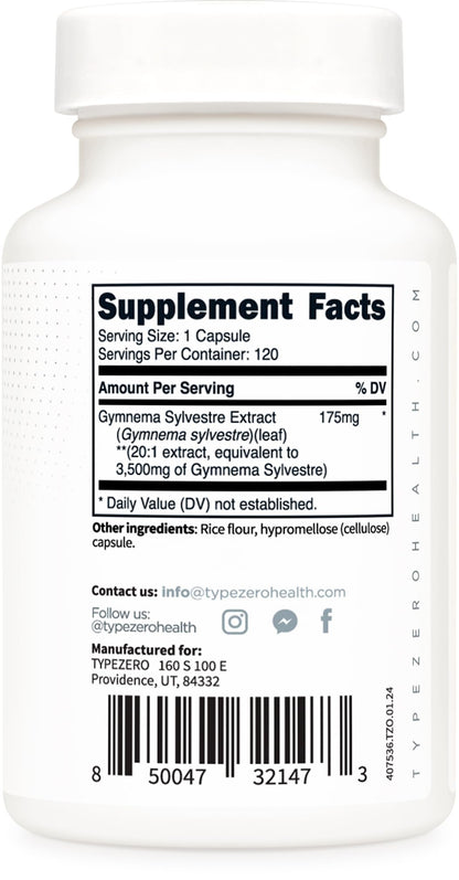 Authentic Type Zero Clean Gymnema capsules container displaying the NSF certified facility manufacturing standards.