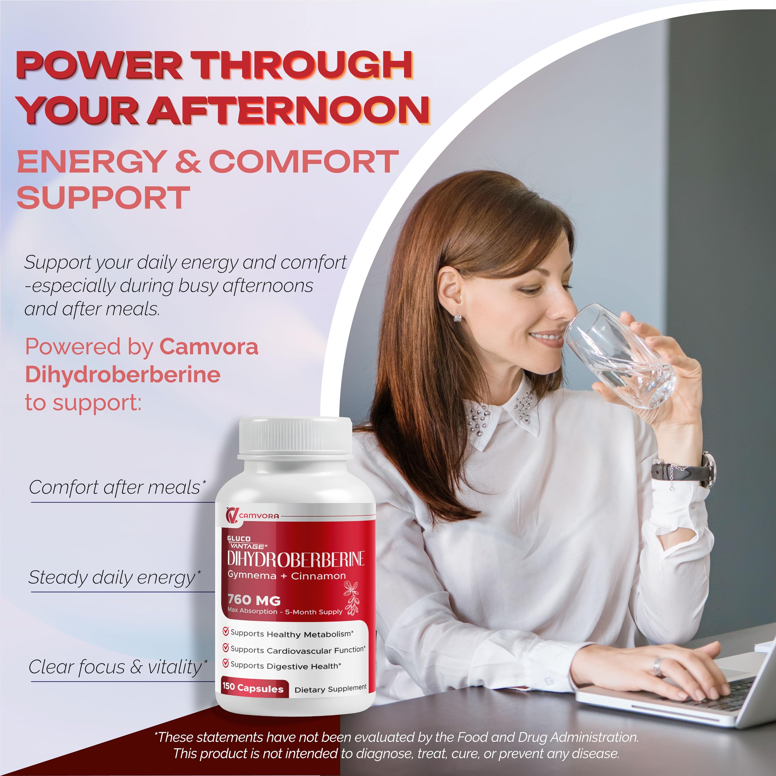 Camvora Super Berberine 150 capsules bottle showcasing GlucoVantage ingredient details