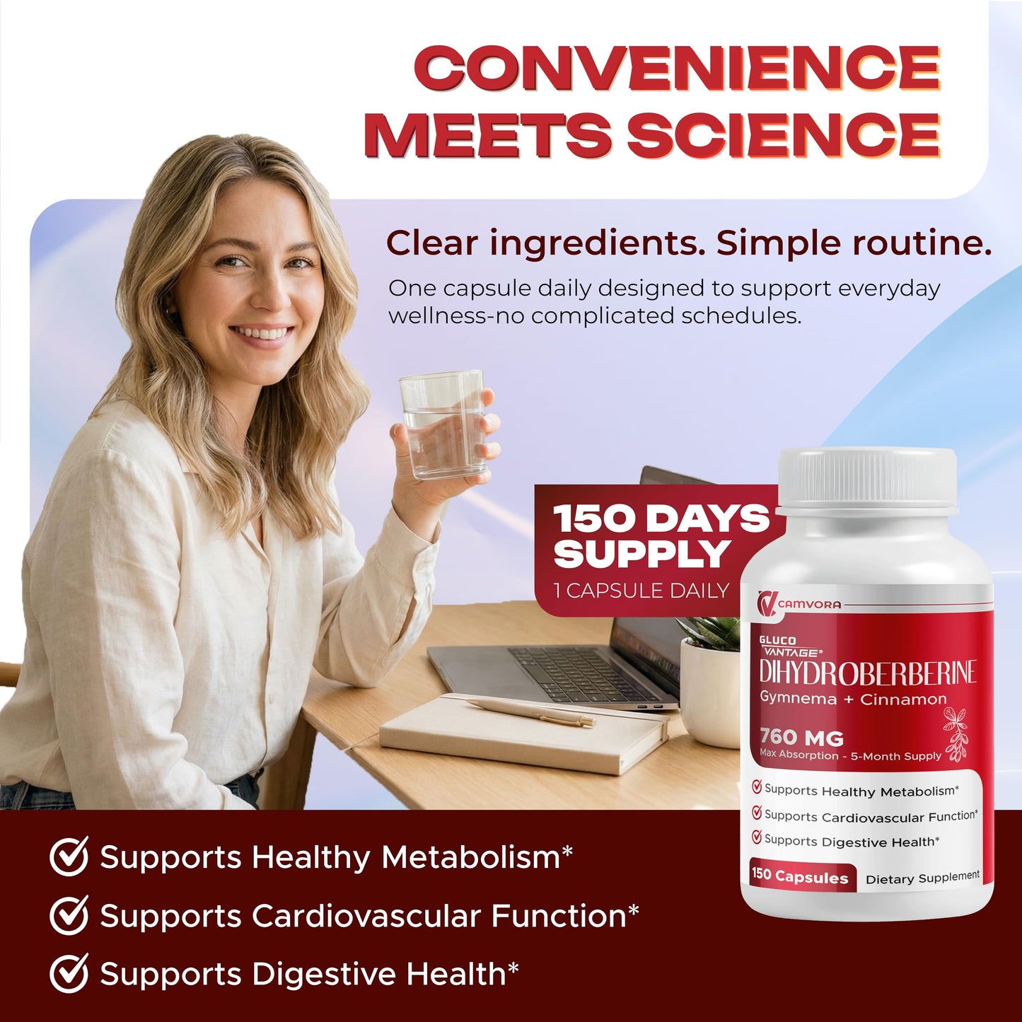 Camvora Dihydroberberine bottle highlighting five times enhanced absorption benefit