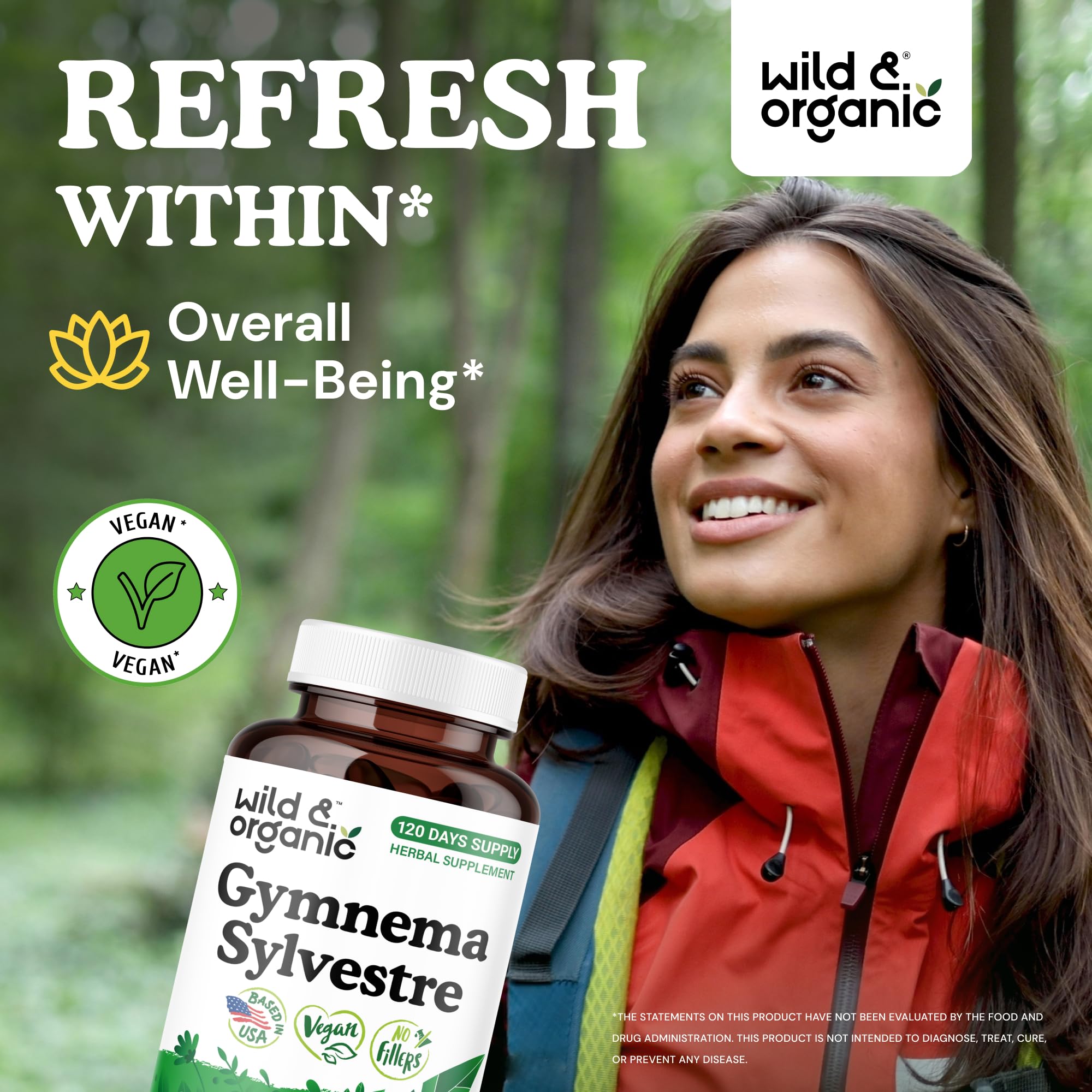 Wild and Organic Gurmar herb powder supplement nutritional facts label displaying pure plant based ingredients.