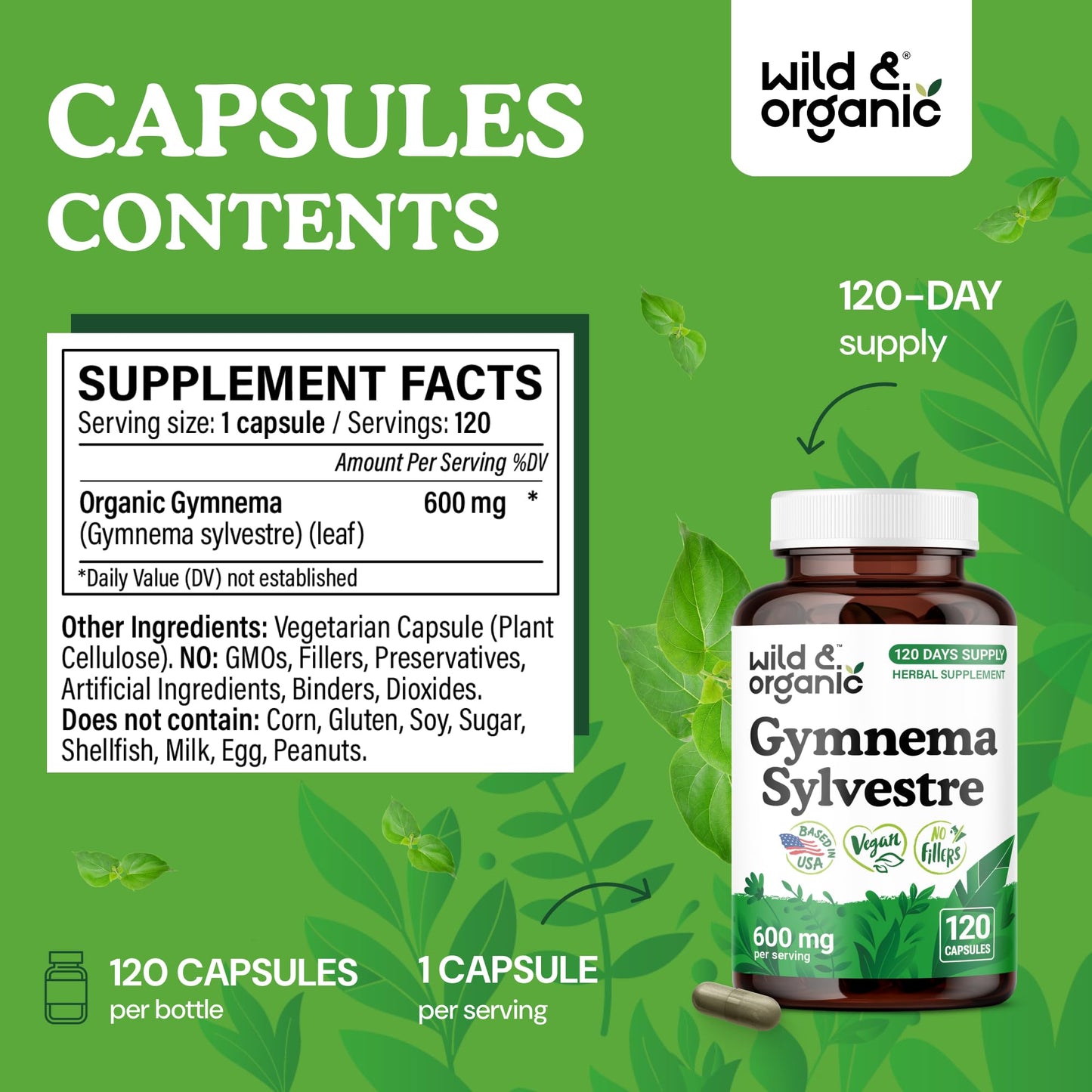 Side view of 120 vegan capsules container showing non GMO and zero artificial fillers certifications.