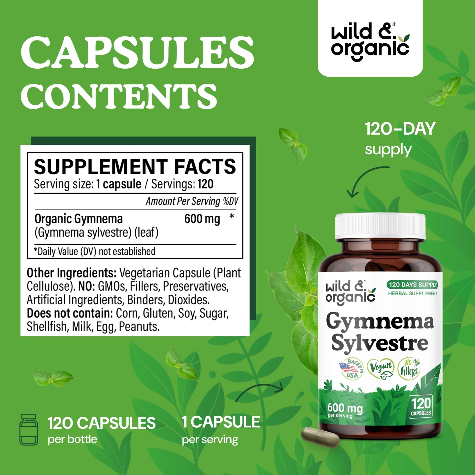 Side view of 120 vegan capsules container showing non GMO and zero artificial fillers certifications.