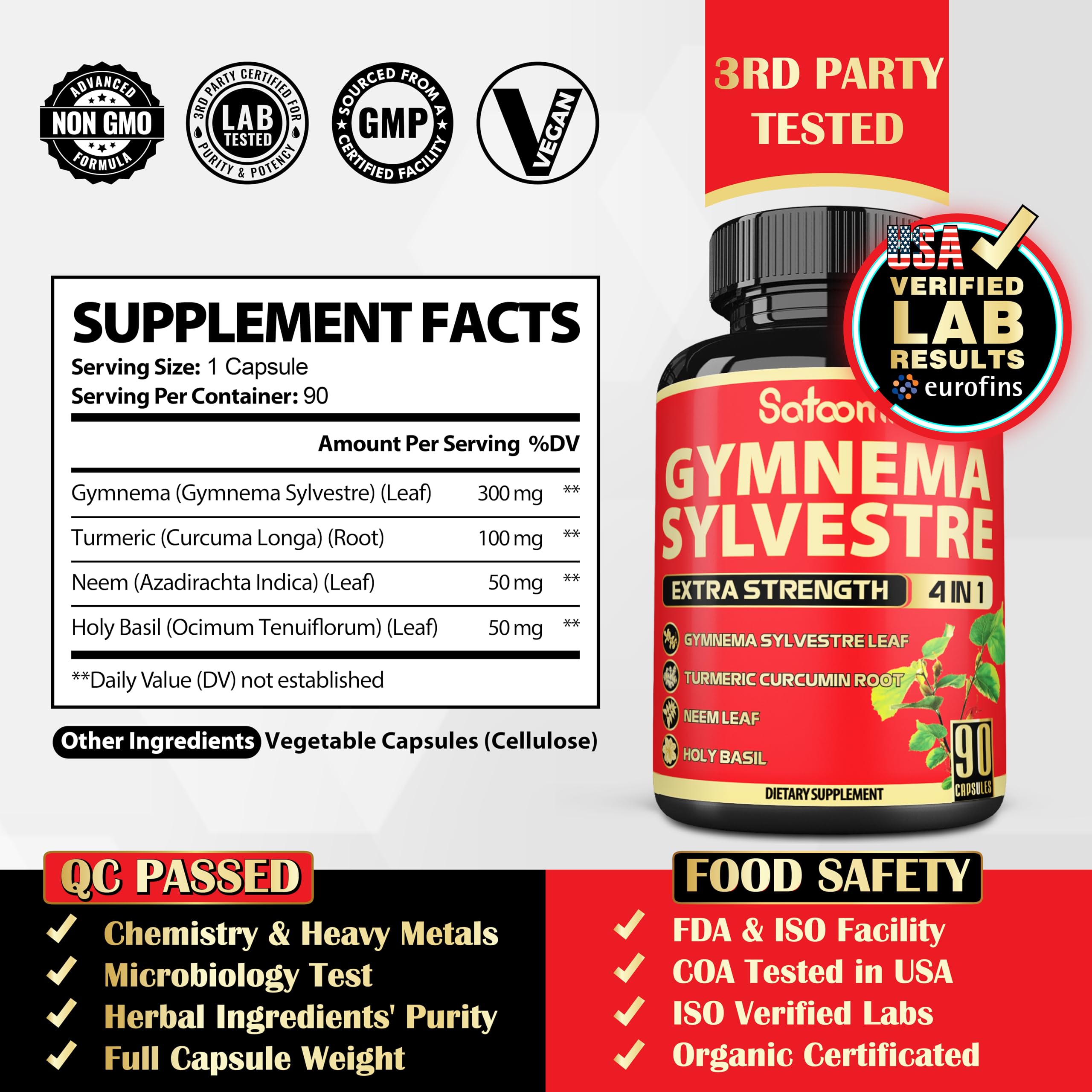 Satoomi Gymnema Sylvestre blend capsules showing the supplement facts panel with turmeric and neem ingredients