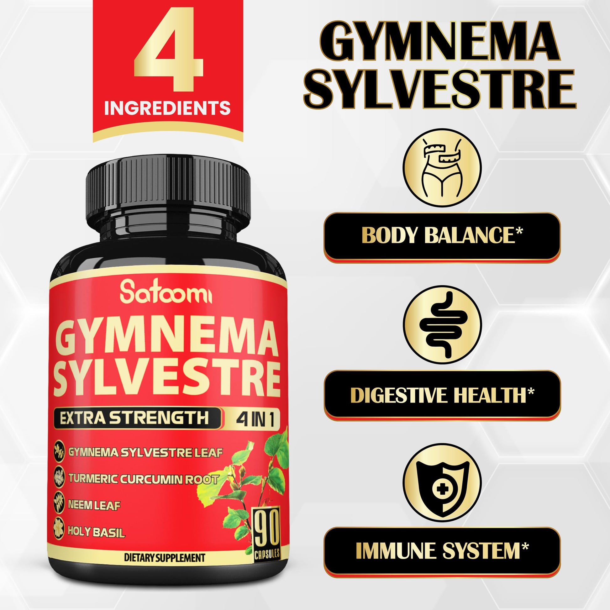 Close up view of the 4 in 1 herbal formula label on Satoomi Gymnema dietary supplement bottle