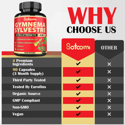 Satoomi herbal blood sugar support capsules container showing vegan and non-GMO certification seals