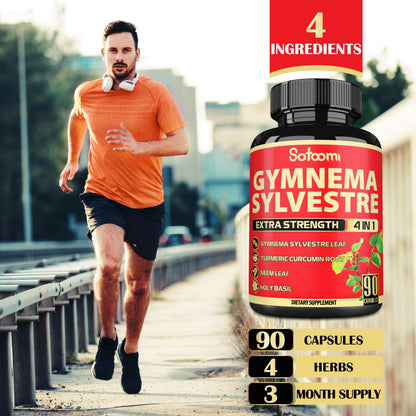 Premium imported Satoomi Gymnema capsules bottle detailing the ninety day supply instructions
