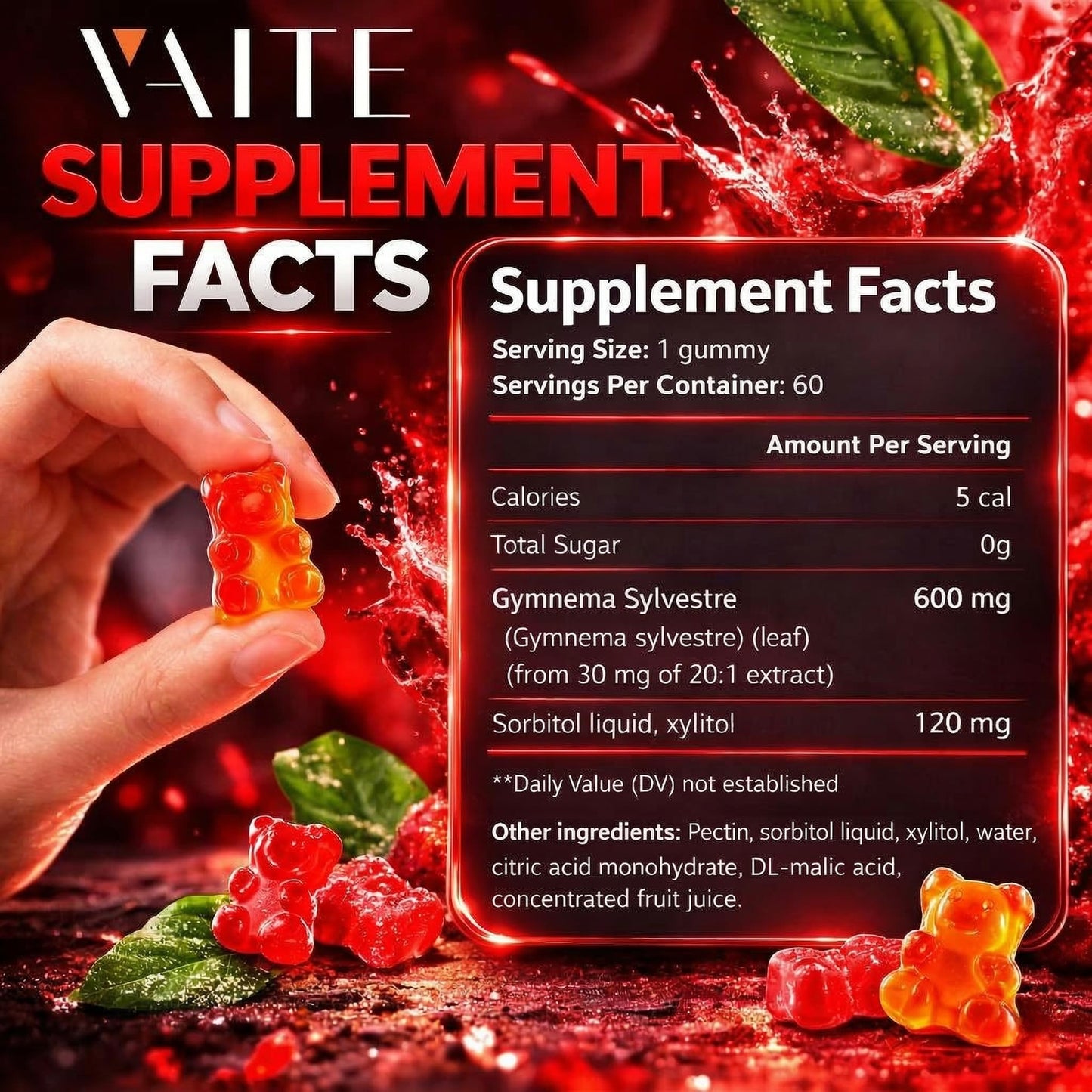 Back label of VAITE Gymnema Sylvestre 60 count bottle highlighting the non GMO and gluten free certifications