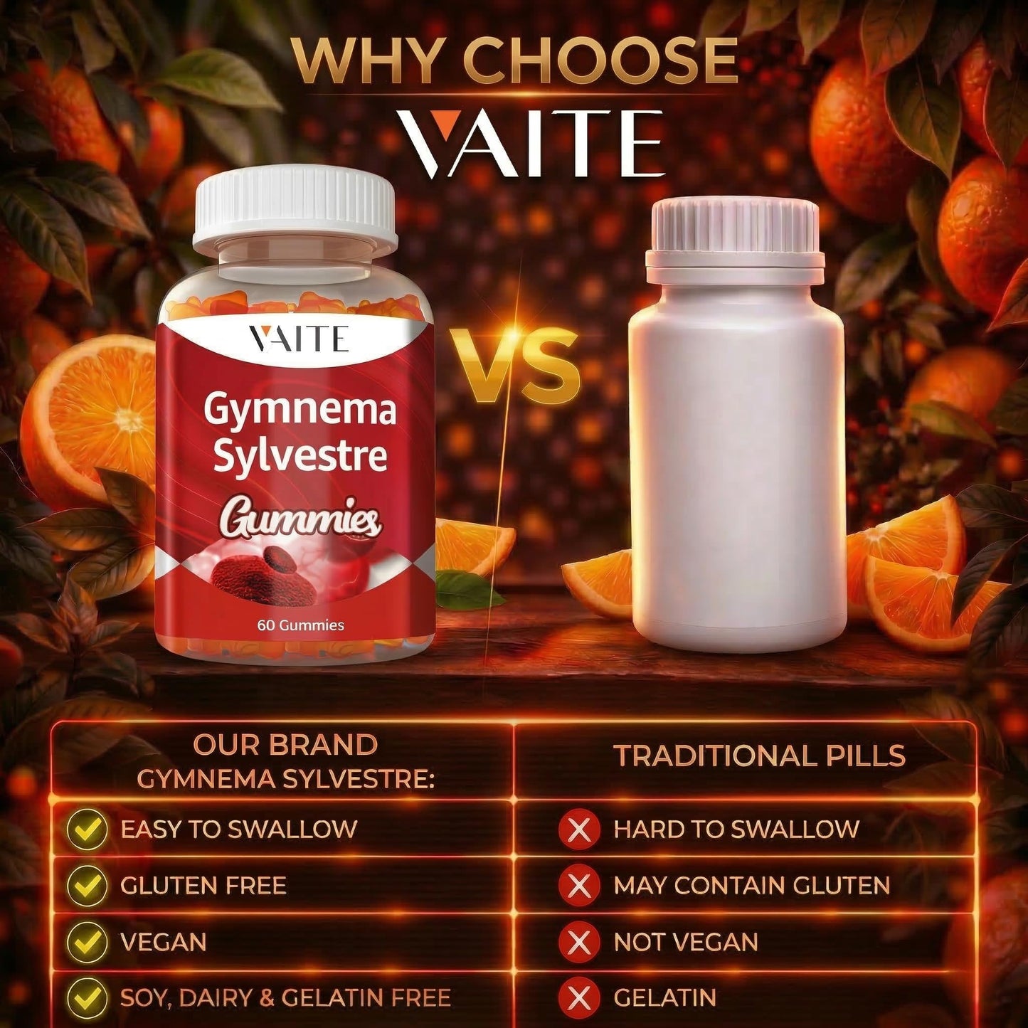 Nutritional facts panel of VAITE Gymnema leaf extract supplement explaining dosage instructions