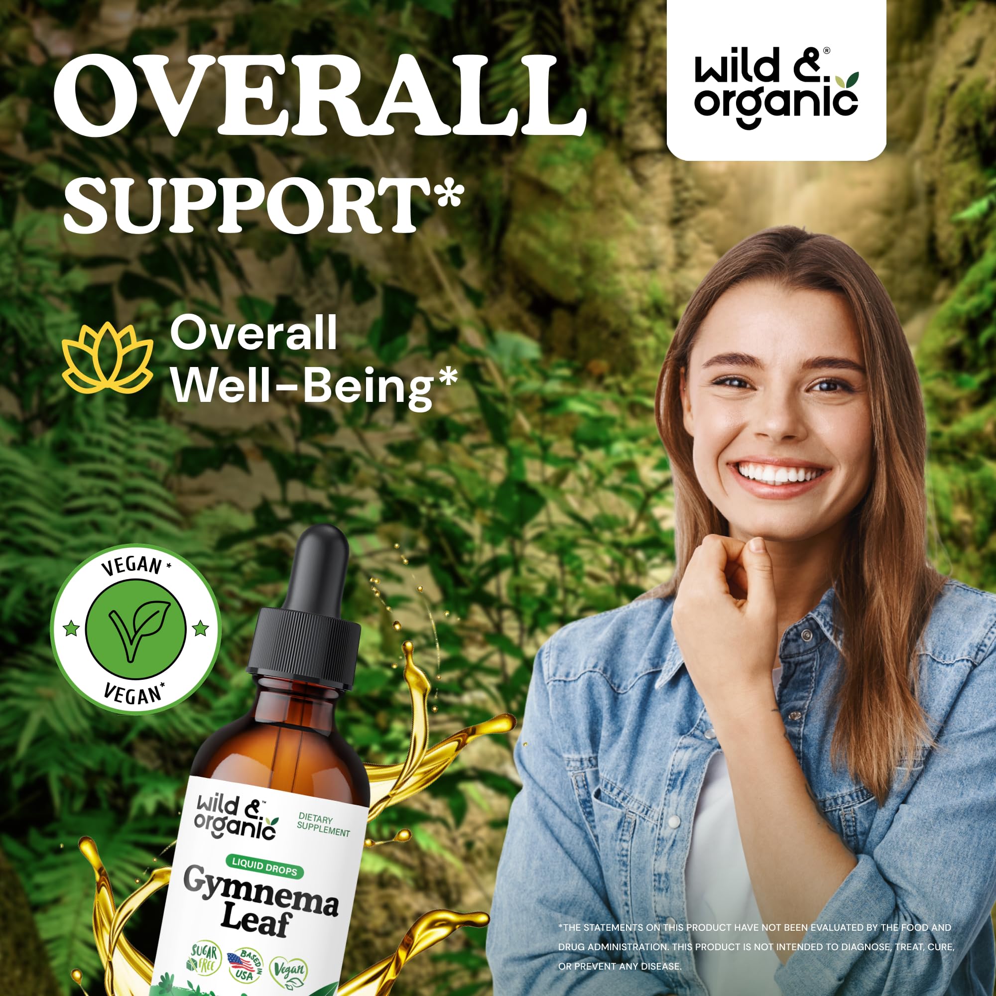Wild And Organic Gurmar leaf liquid supplement dropper bottle showing premium vegan ingredients