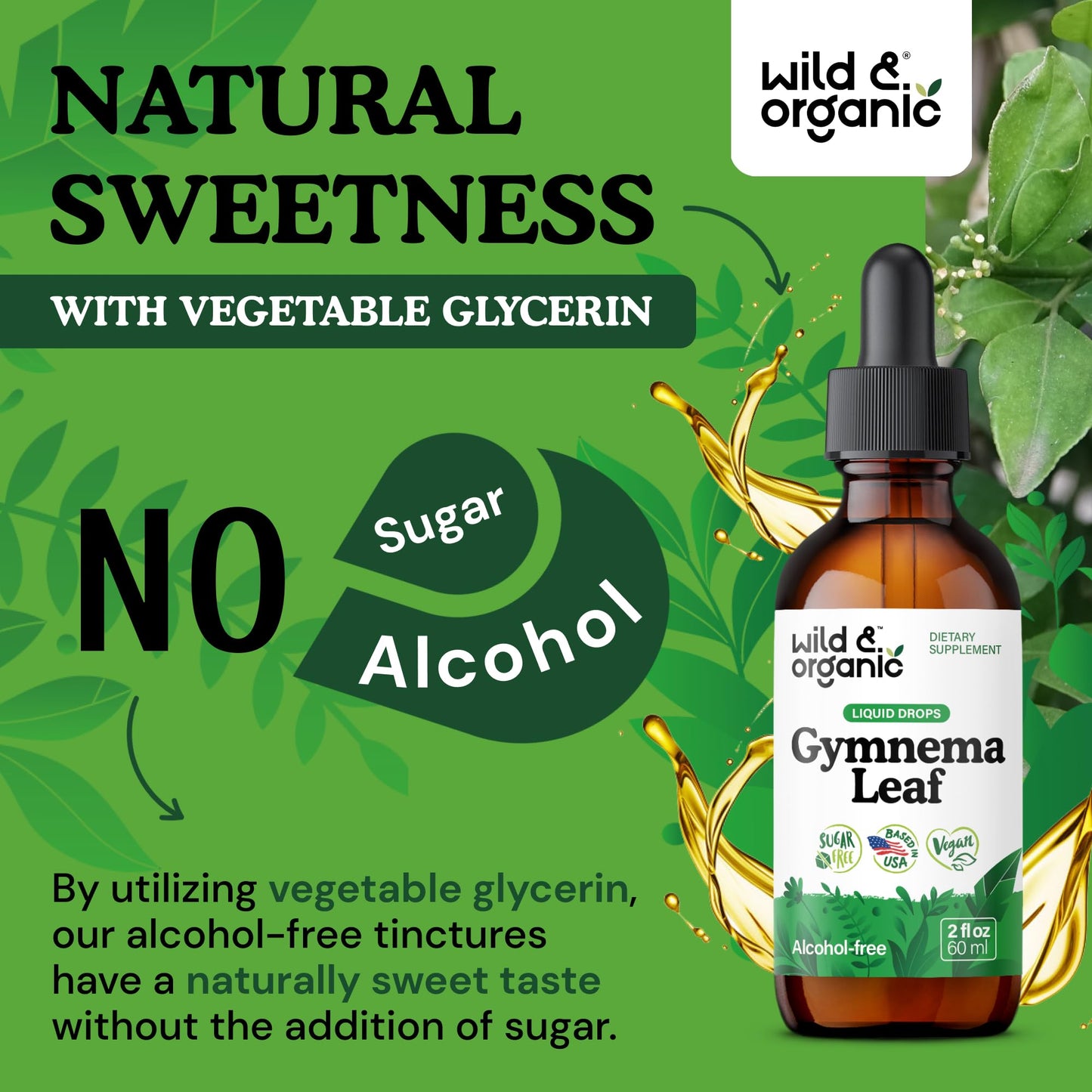 Gymnema Sylvestre leaf extract tincture showing vegetable glycerin base details