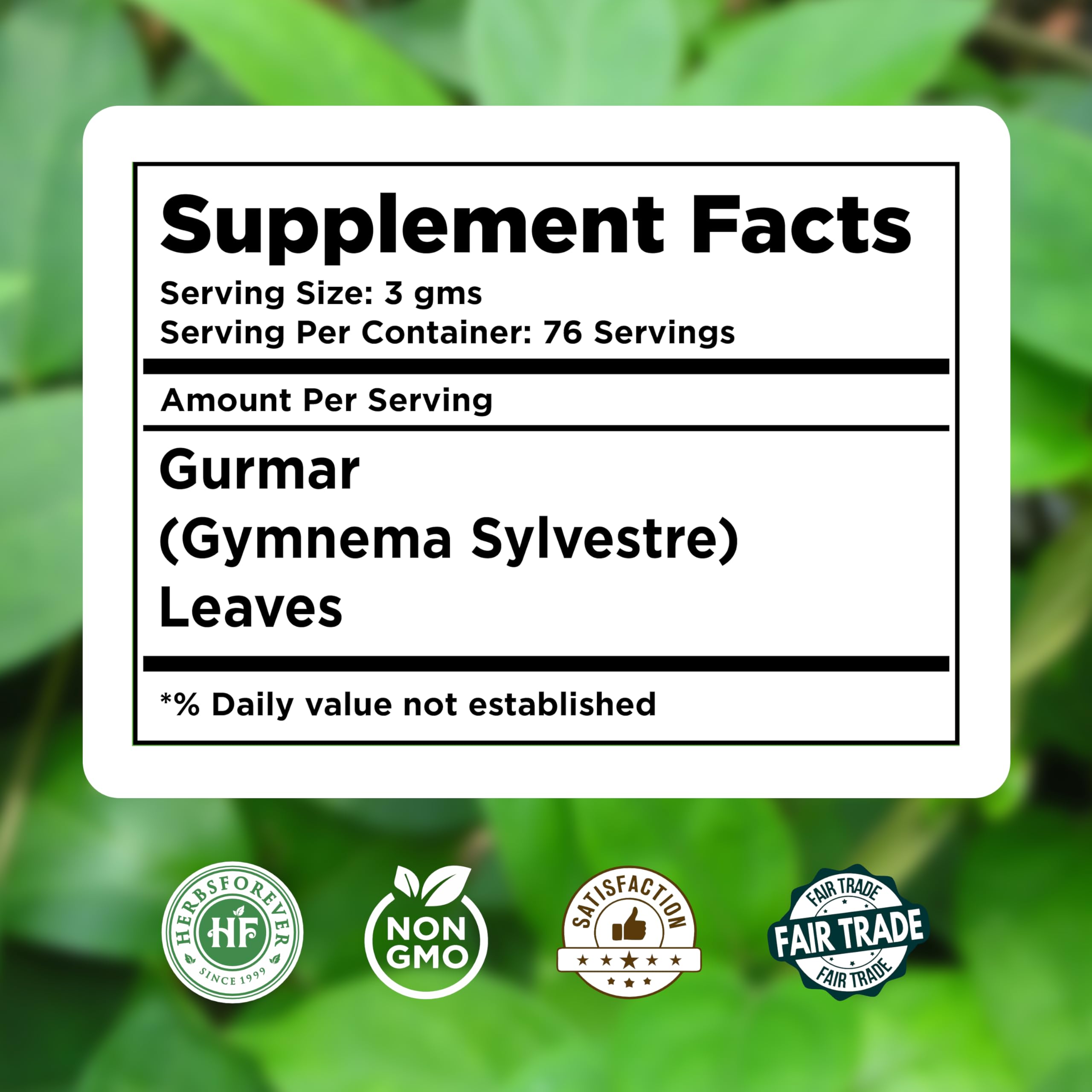 Side view of Herbsforever Gymnema Sylvestre leaf powder displaying organic and non GMO certifications.