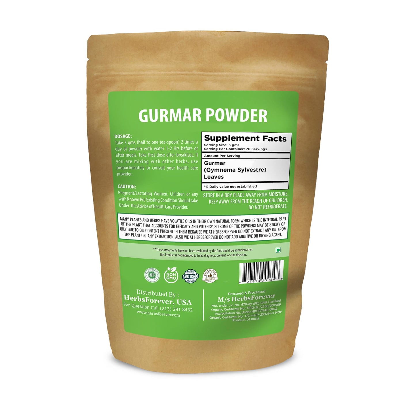 Back label of Herbsforever Gurmar Powder showing ingredients list and traditional Ayurvedic usage guide.