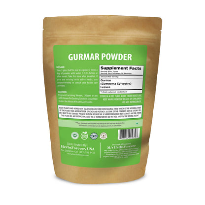 Back label of Herbsforever Gurmar Powder showing ingredients list and traditional Ayurvedic usage guide.
