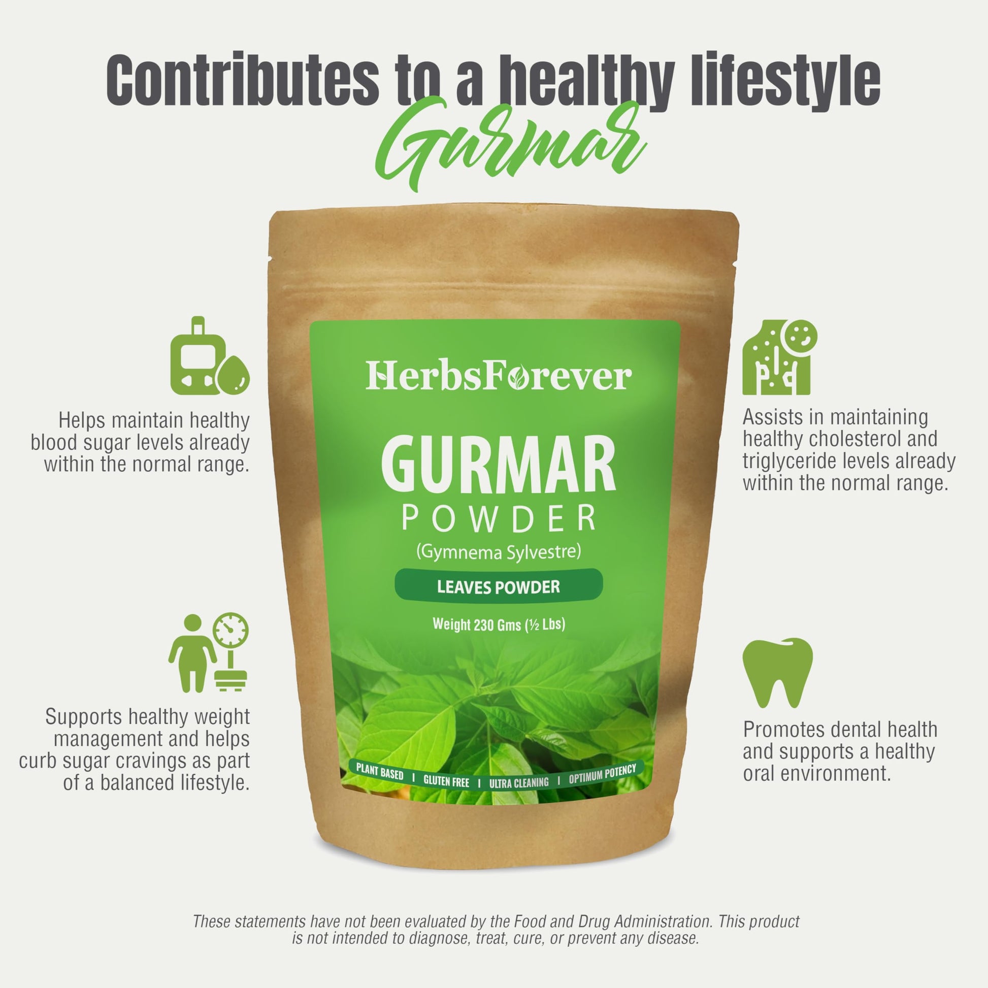 Herbsforever Gurmar Powder container standing upright next to a spoonful of micronized vegan herbal powder.