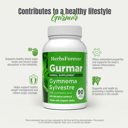 Two bottles of Herbsforever Gurmar 90 capsules showing full spectrum formula details