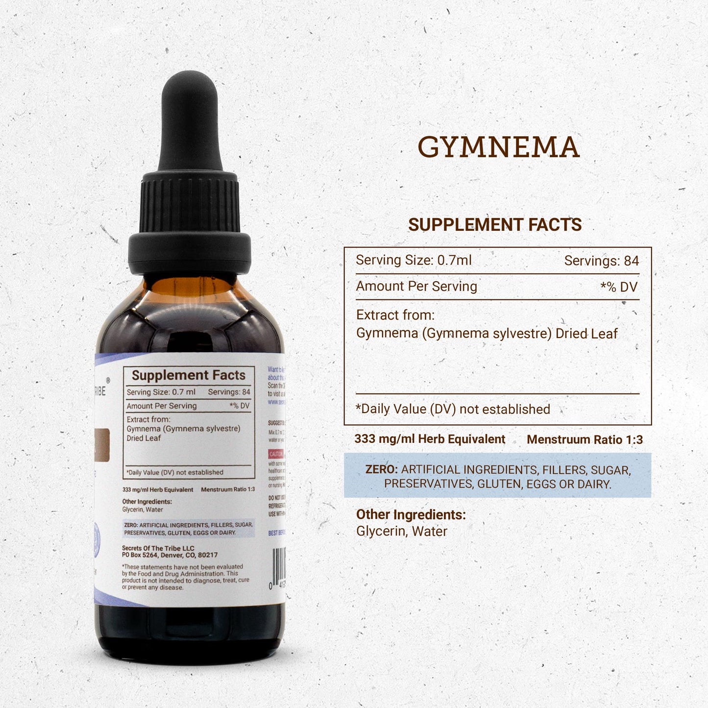 Close up of the dropper top and 2 fluid ounce glass bottle of Gymnema tincture