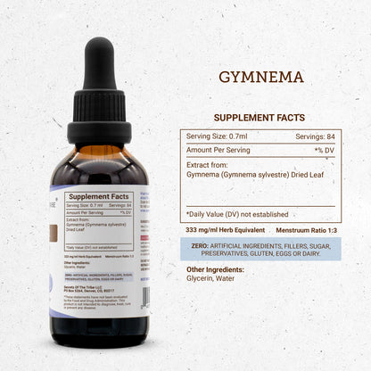 Close up of the dropper top and 2 fluid ounce glass bottle of Gymnema tincture