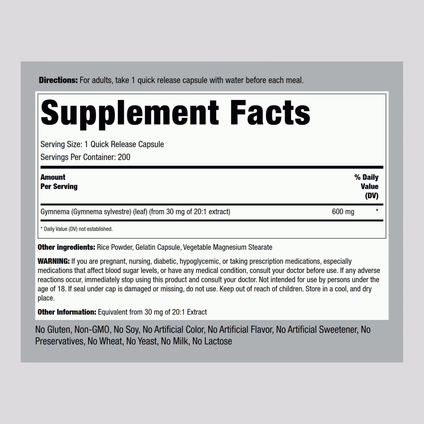 Supplement bottle label of Piping Rock Gymnema 600 mg concentrated herbal extract.