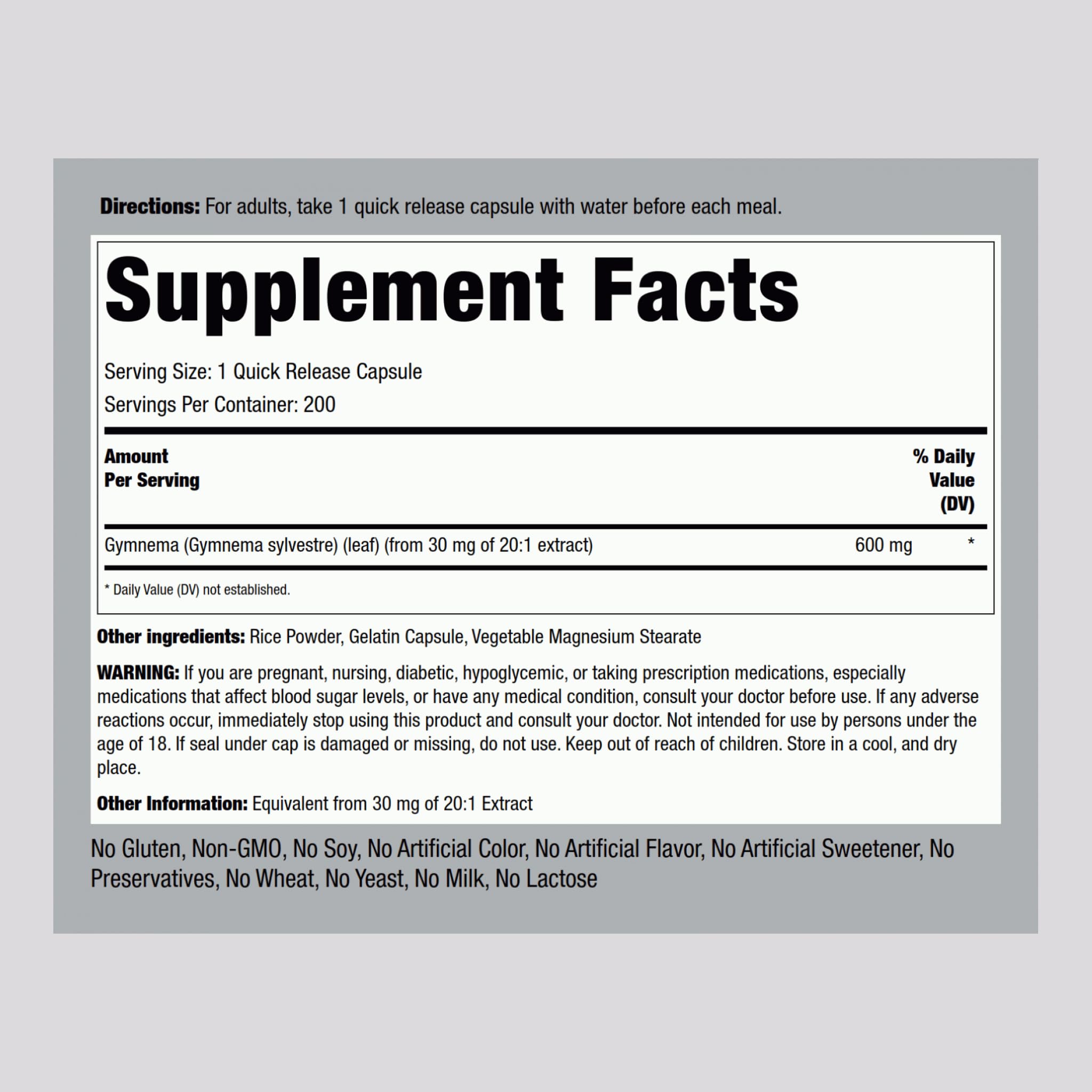 Supplement bottle label of Piping Rock Gymnema 600 mg concentrated herbal extract.