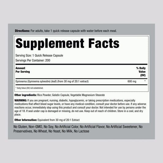 Supplement bottle label of Piping Rock Gymnema 600 mg concentrated herbal extract.