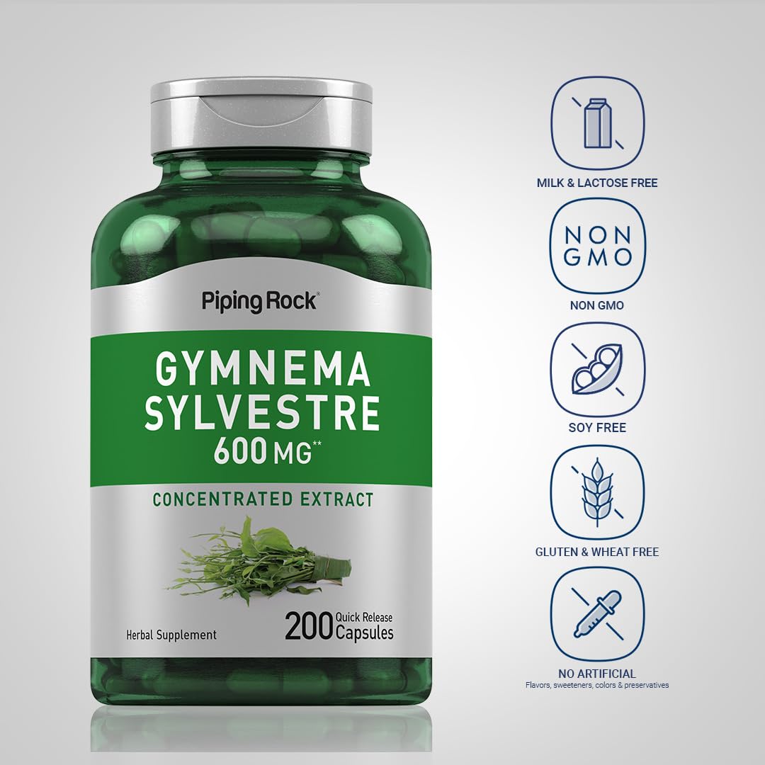 Quick release capsules of Piping Rock USA imported Gymnema Sylvestre supplement.