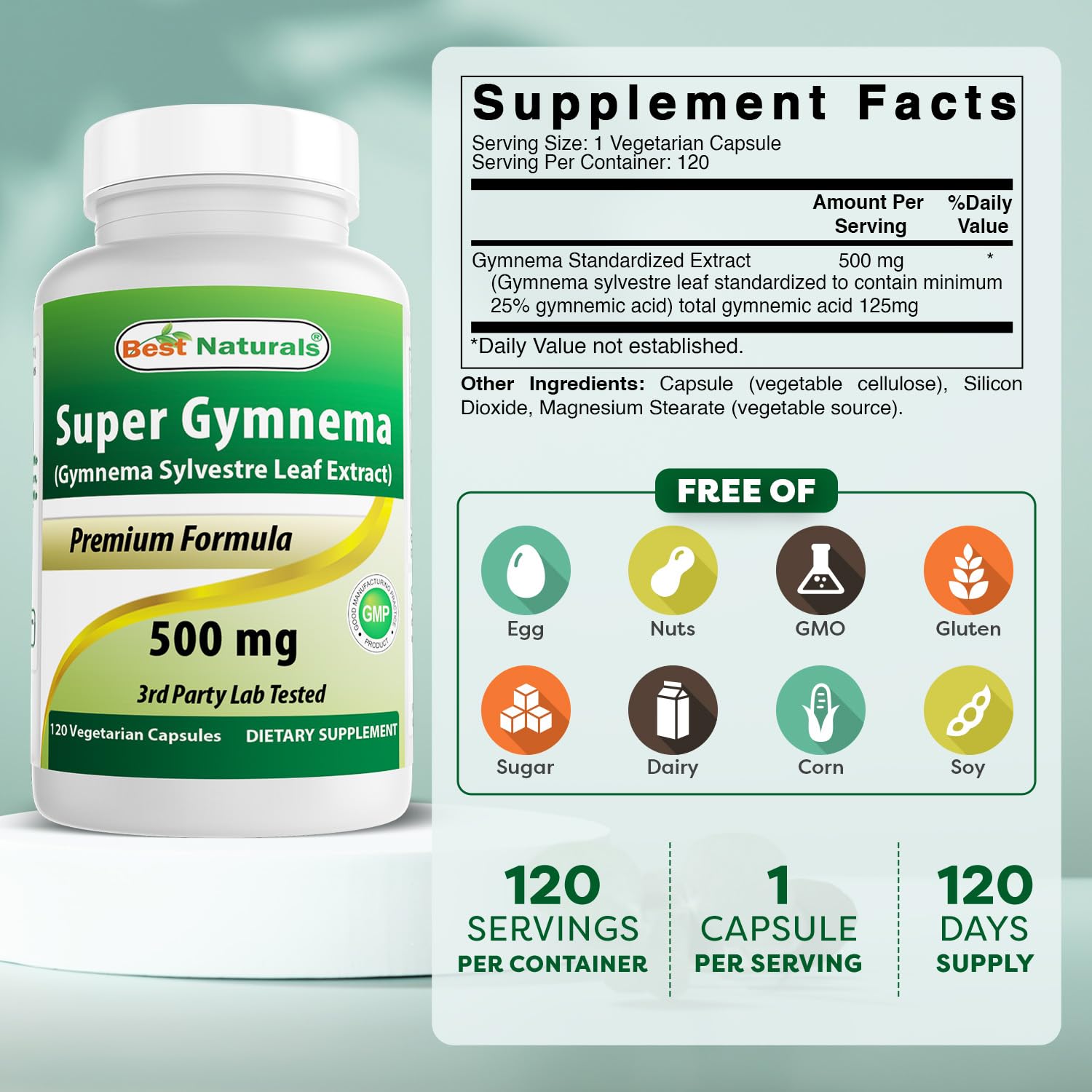 Best Naturals Gymnema Sylvestre 2-pack showing supplement facts label and 25 percent gymnemic acid standardization