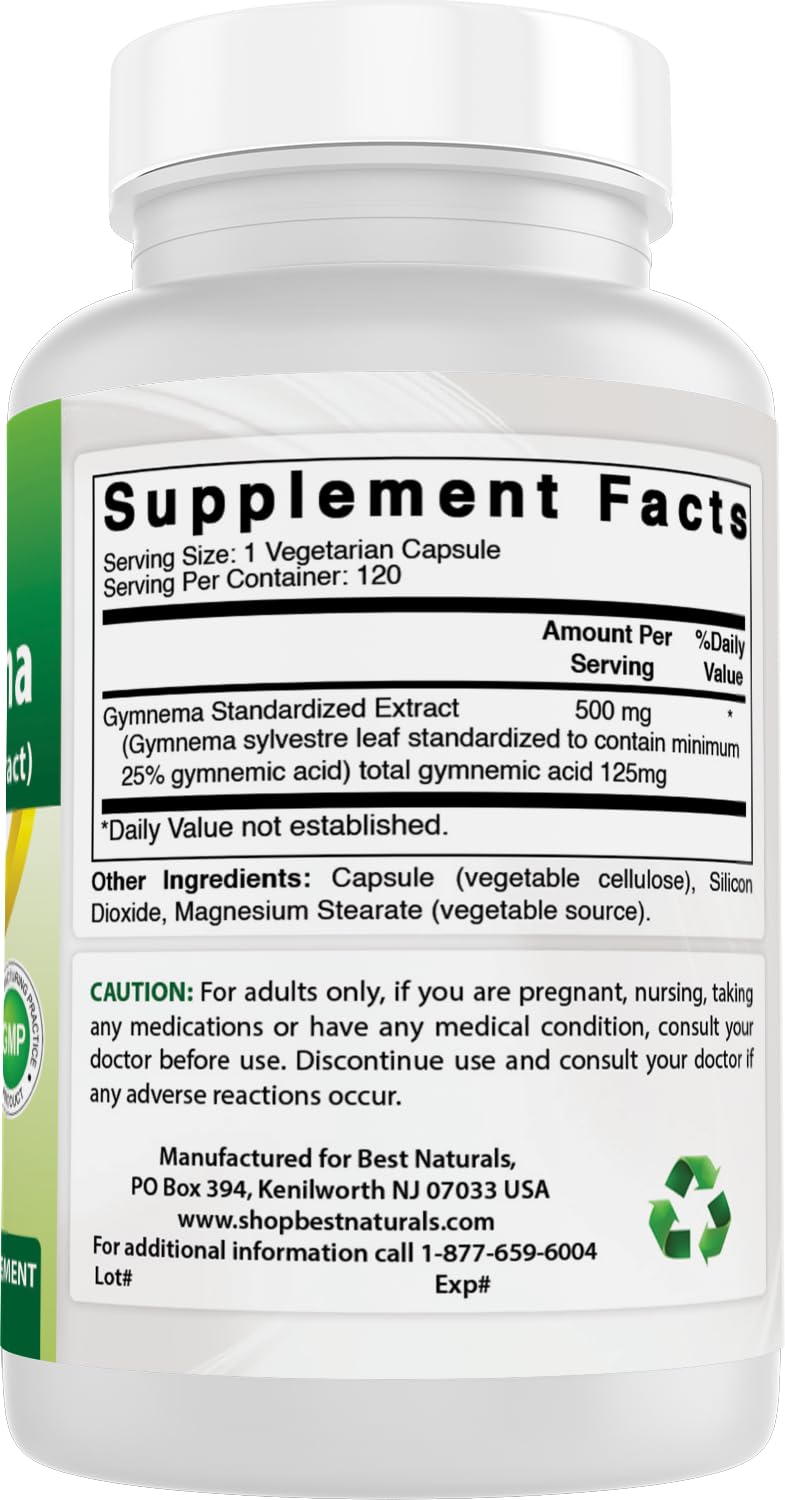 Best Naturals Gymnema Sylvestre 5 to 1 leaf extract dietary supplement showing third party lab tested guarantee