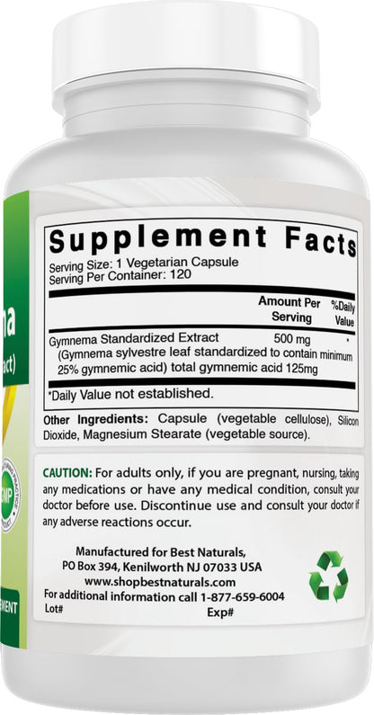 Best Naturals Gymnema Sylvestre 5 to 1 leaf extract dietary supplement showing third party lab tested guarantee