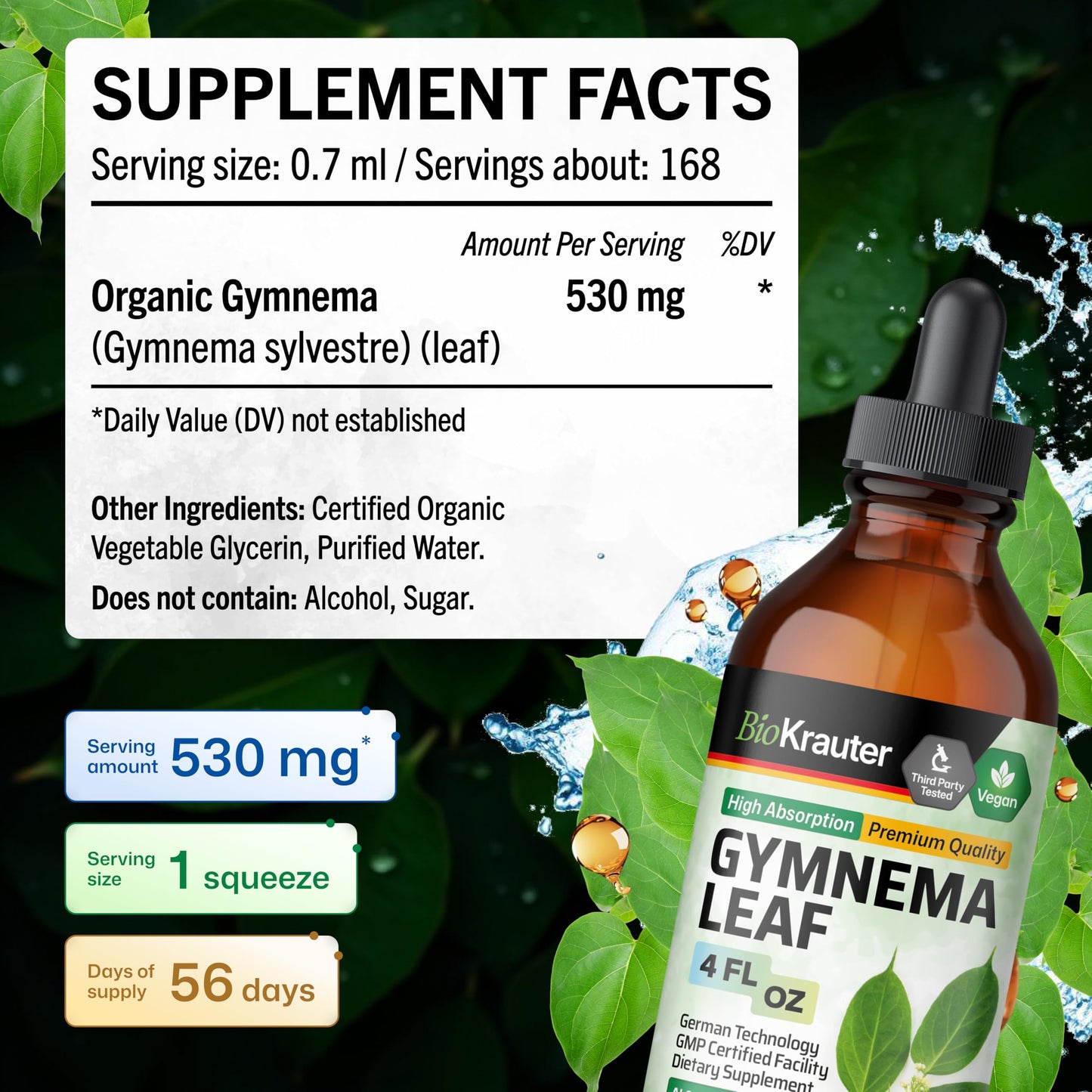 Side label of BioKrauter 530 mg Gymnema supplement emphasizing alcohol-free formula details