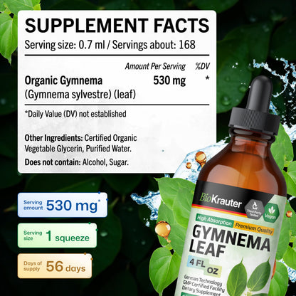 Side label of BioKrauter 530 mg Gymnema supplement emphasizing alcohol-free formula details