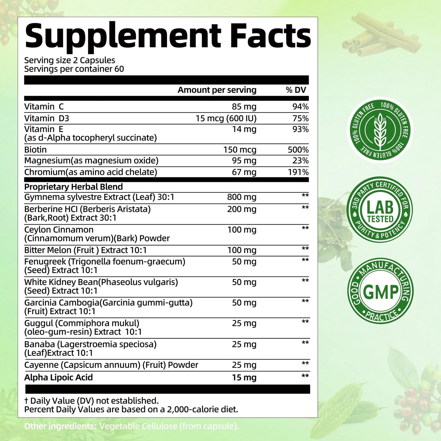 Seventeen in one herbal blend supplement with berberine and cinnamon product bottle side angle