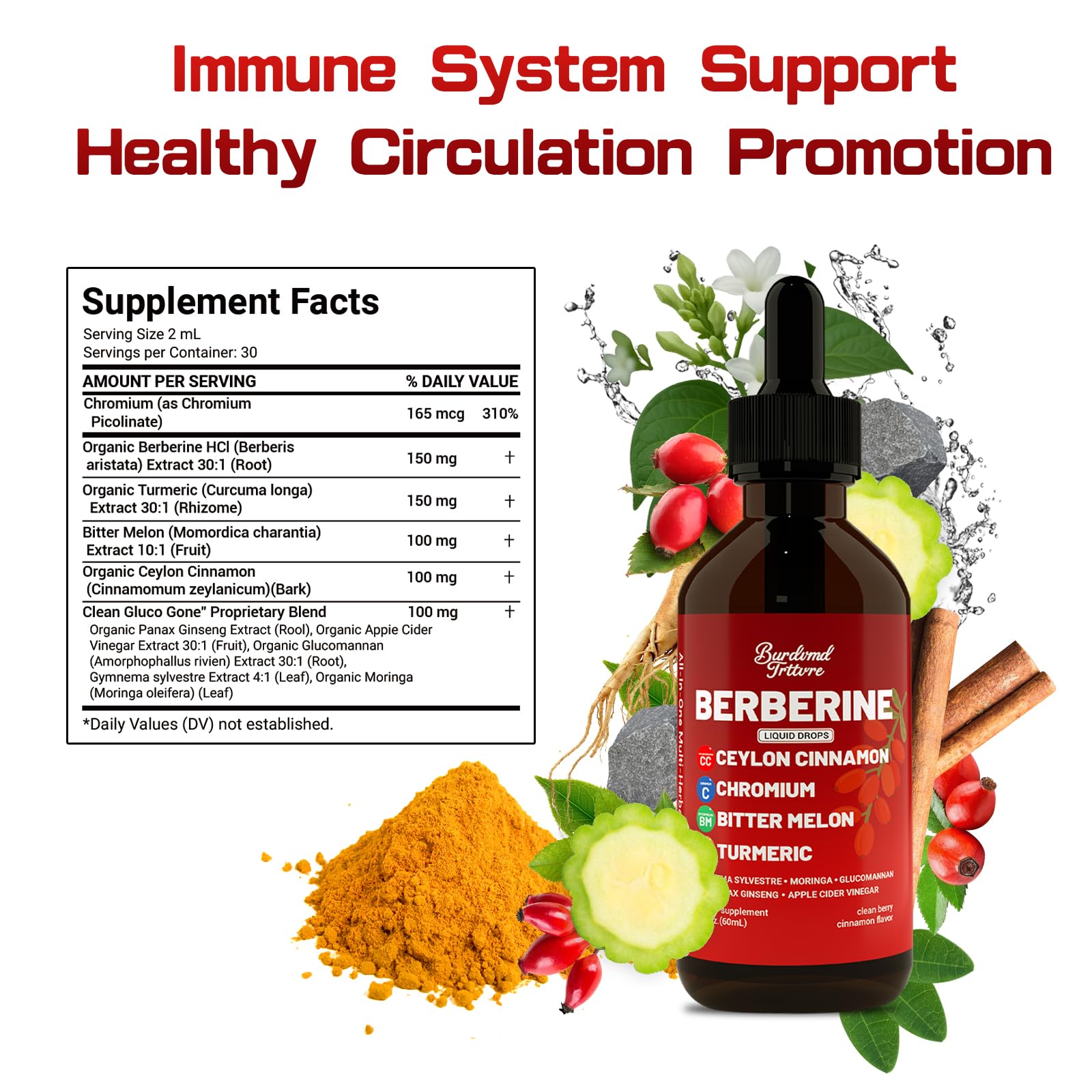 Burdvmd Trttvre Berberine liquid supplement bottle highlighting Ceylon cinnamon and metabolic support benefits.