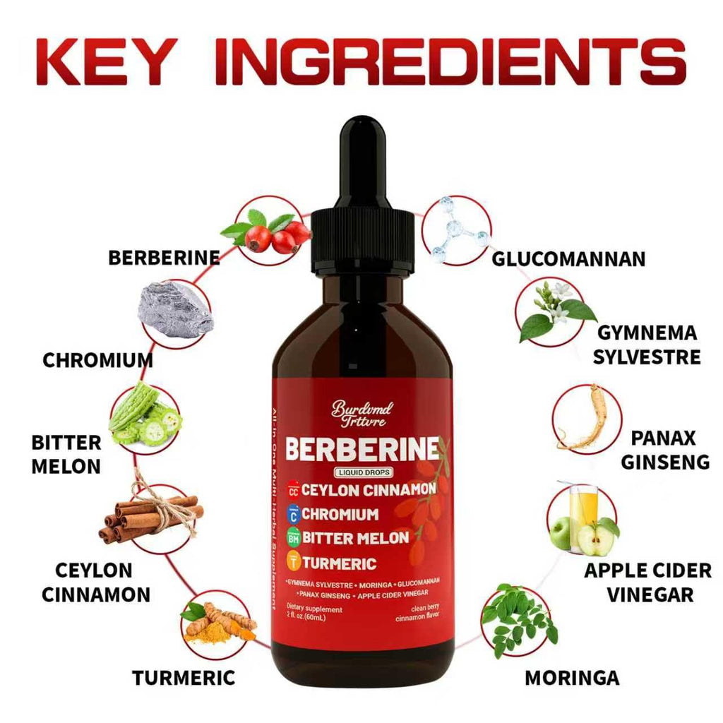 Back label of Burdvmd Trttvre Berberine Drops showing the 10-in-1 herbal ingredients and chromium blend.