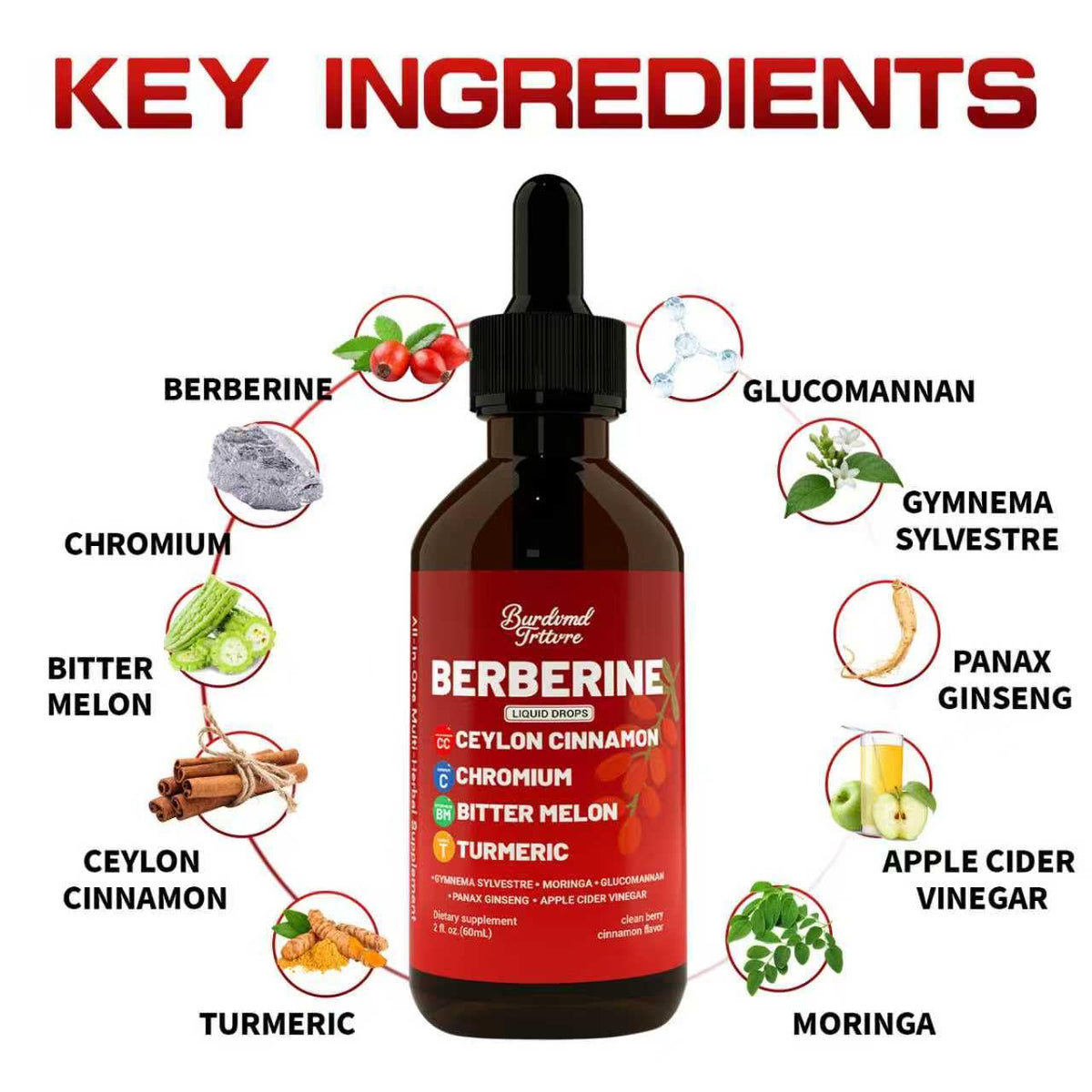 Back label of Burdvmd Trttvre Berberine Drops showing the 10-in-1 herbal ingredients and chromium blend.