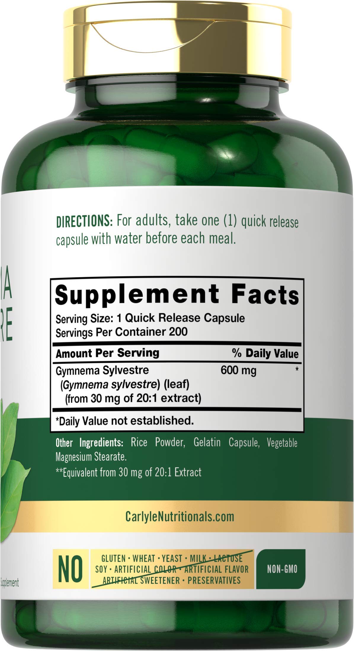 Carlyle Gymnema Sylvestre herbal supplement side label showing six hundred milligram dosage information