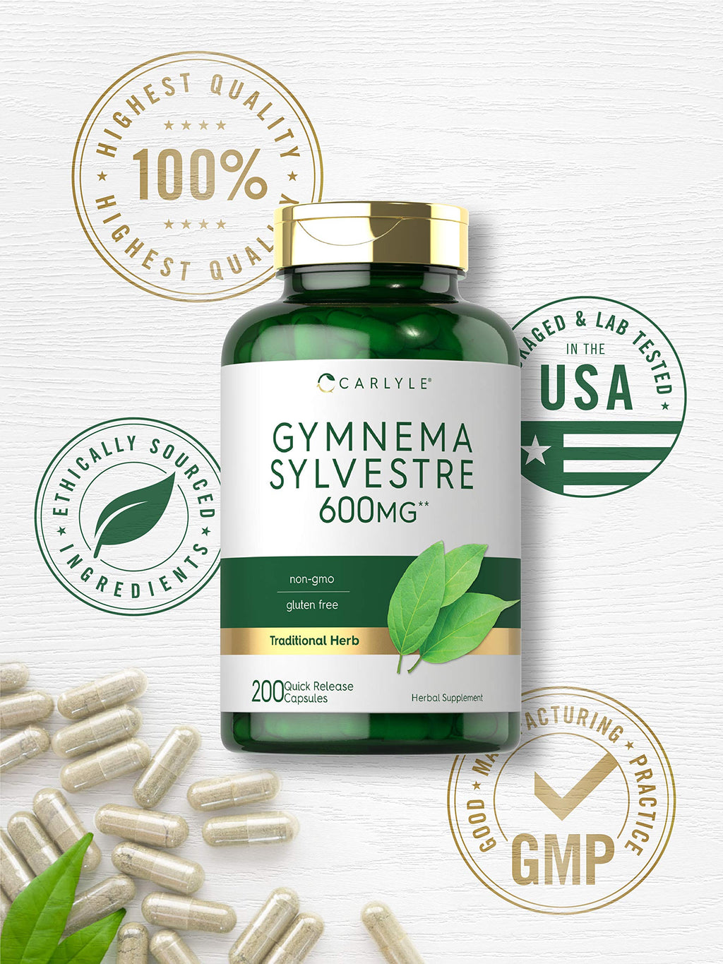USA imported Carlyle Gymnema Sylvestre 200 count bottle standing upright on clean background