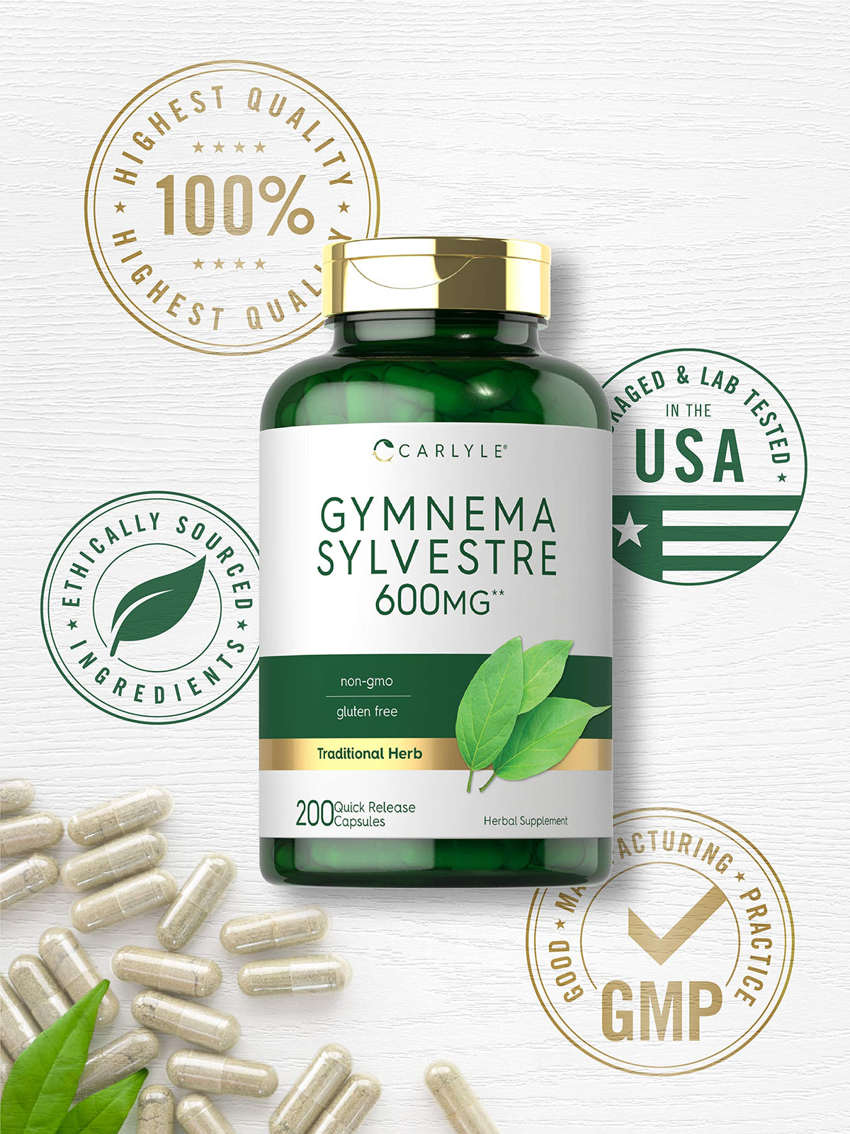 USA imported Carlyle Gymnema Sylvestre 200 count bottle standing upright on clean background
