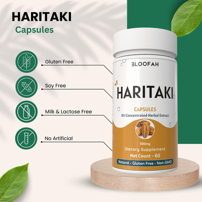 Back view of Bloofah Haritaki capsules bottle showing ingredients