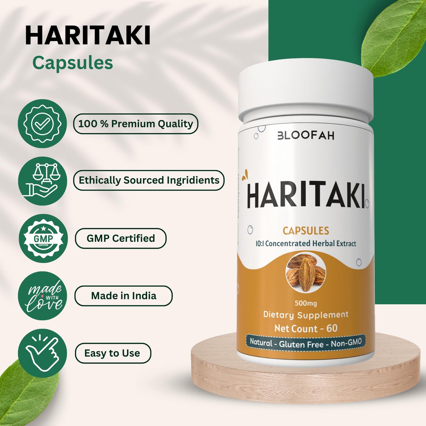 Bloofah Haritaki 60 count dietary supplement bottle side angle